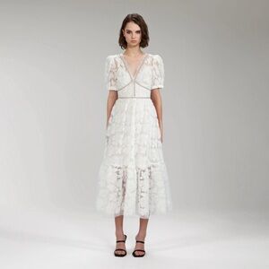 Self Portrait White Bridal Ribbon Lace Midi Dress Size US 8